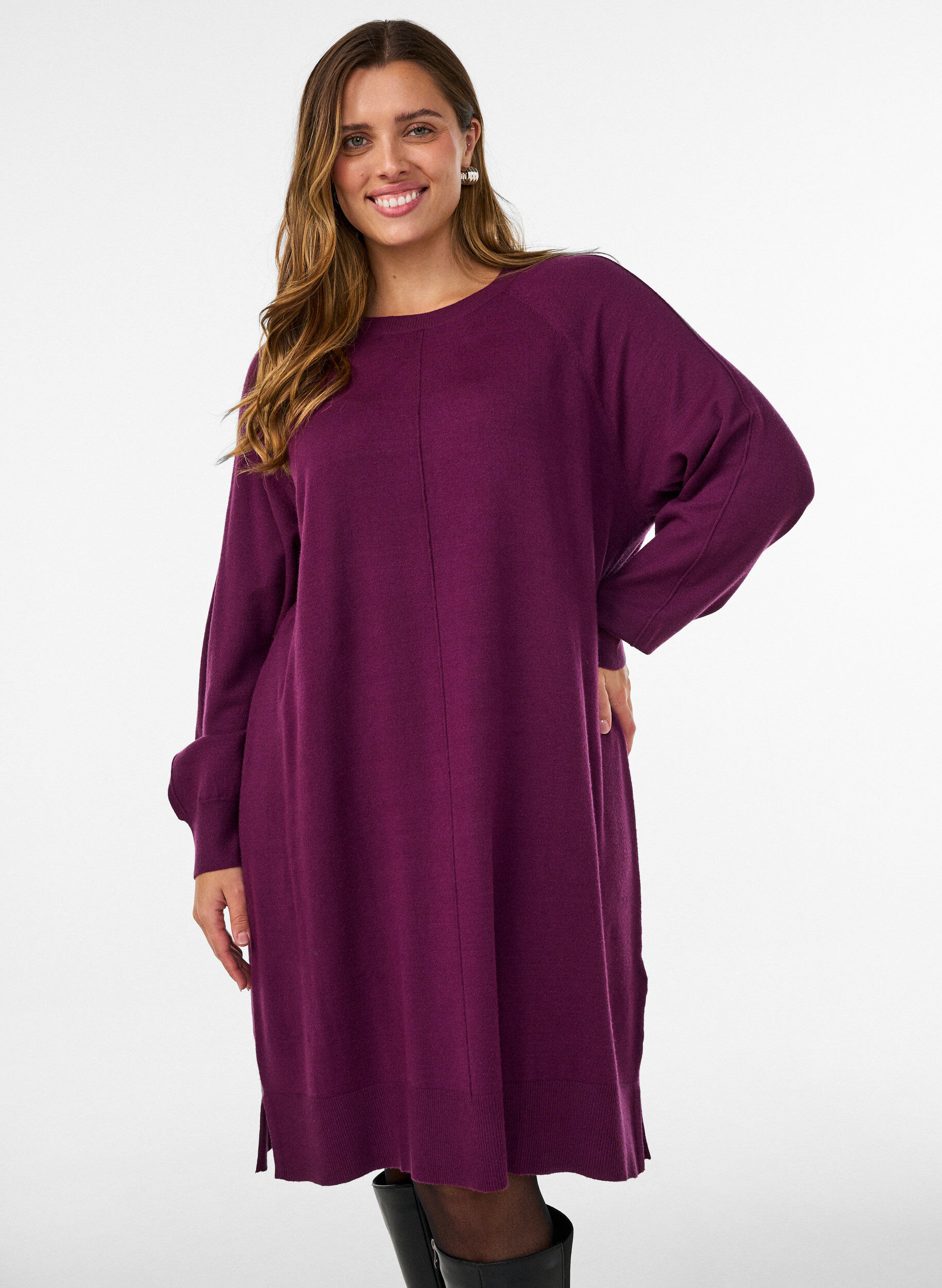 ZizzifashionShort knitted dress with raglan sleeves and a centre seam, Red, Model image number 0