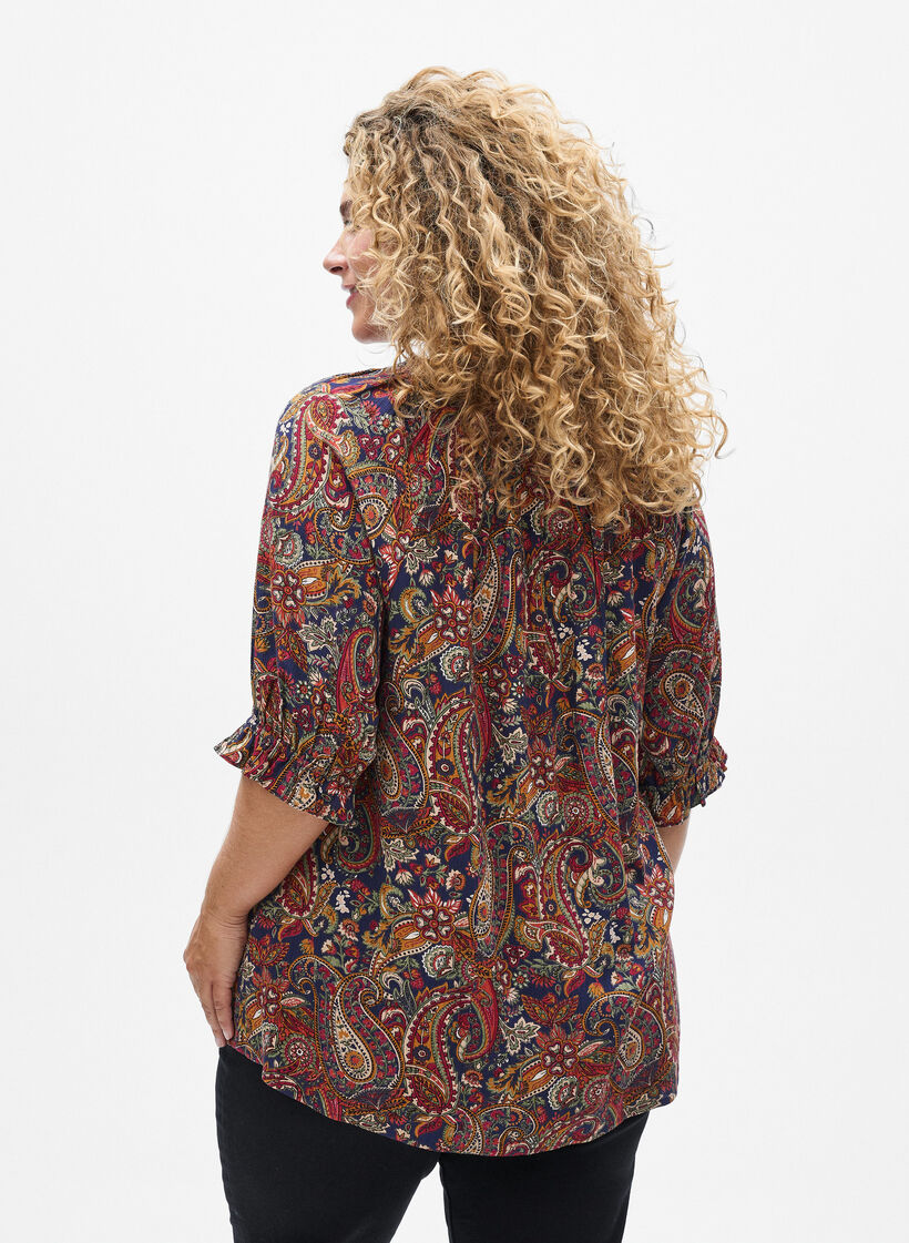 Viscose blouse with paisley print and elbow length sleeves, Blue, Model image number 2