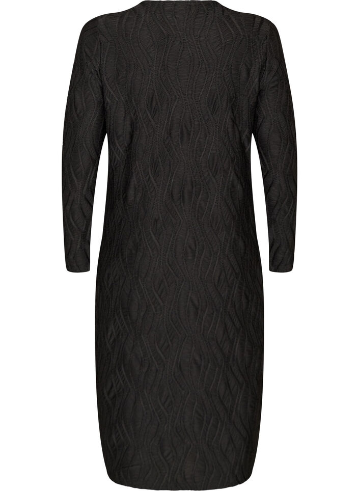 Midi dress with a wavy texture and long sleeves, Black, Packshot image number 1