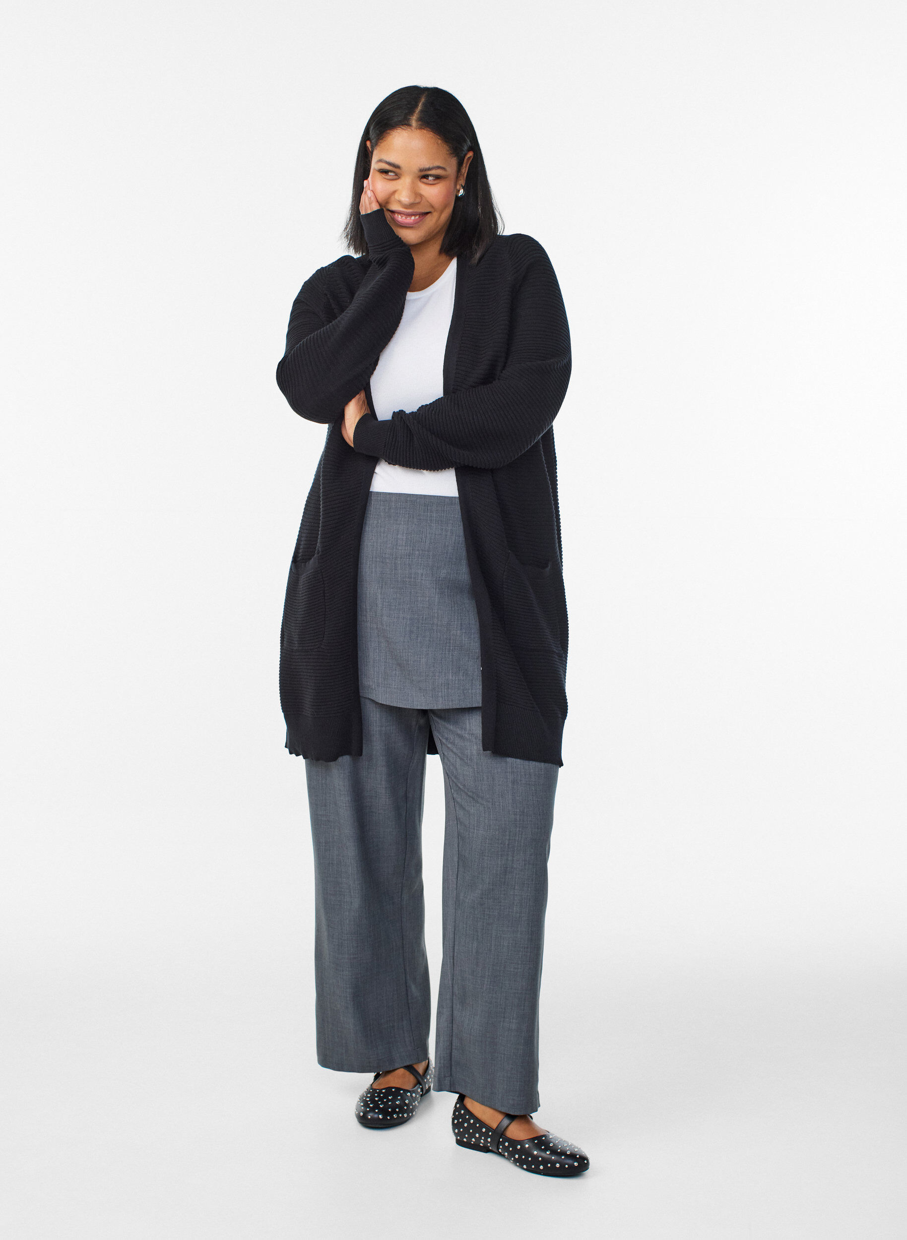 Zizzifashion Long rib-knitted cotton cardigan, Black, Model image number 1