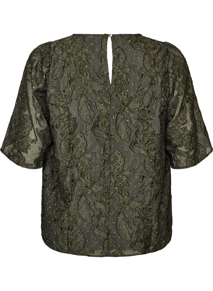 Jacquard blouse with sparkly details and puff sleeves, Green, Packshot image number 1