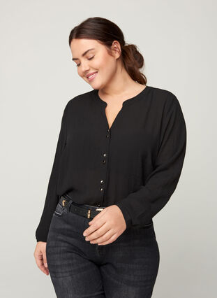 Shirt with a V-neck and buttons, Black, Model image number 0