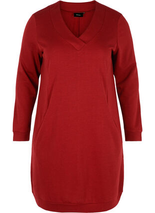 Sweat dress with V-neck, Red Dahlia, Packshot image number 0
