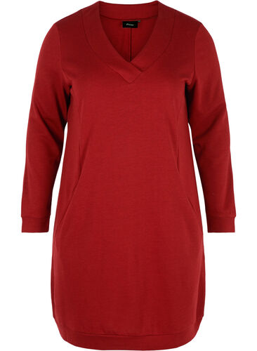 Sweat dress with V-neck, Red Dahlia, Packshot image number 0