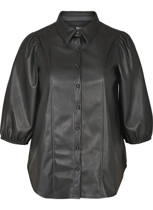 Synthetic leather shirt with 3/4-length puff sleeves, Black, Packshot image number 0