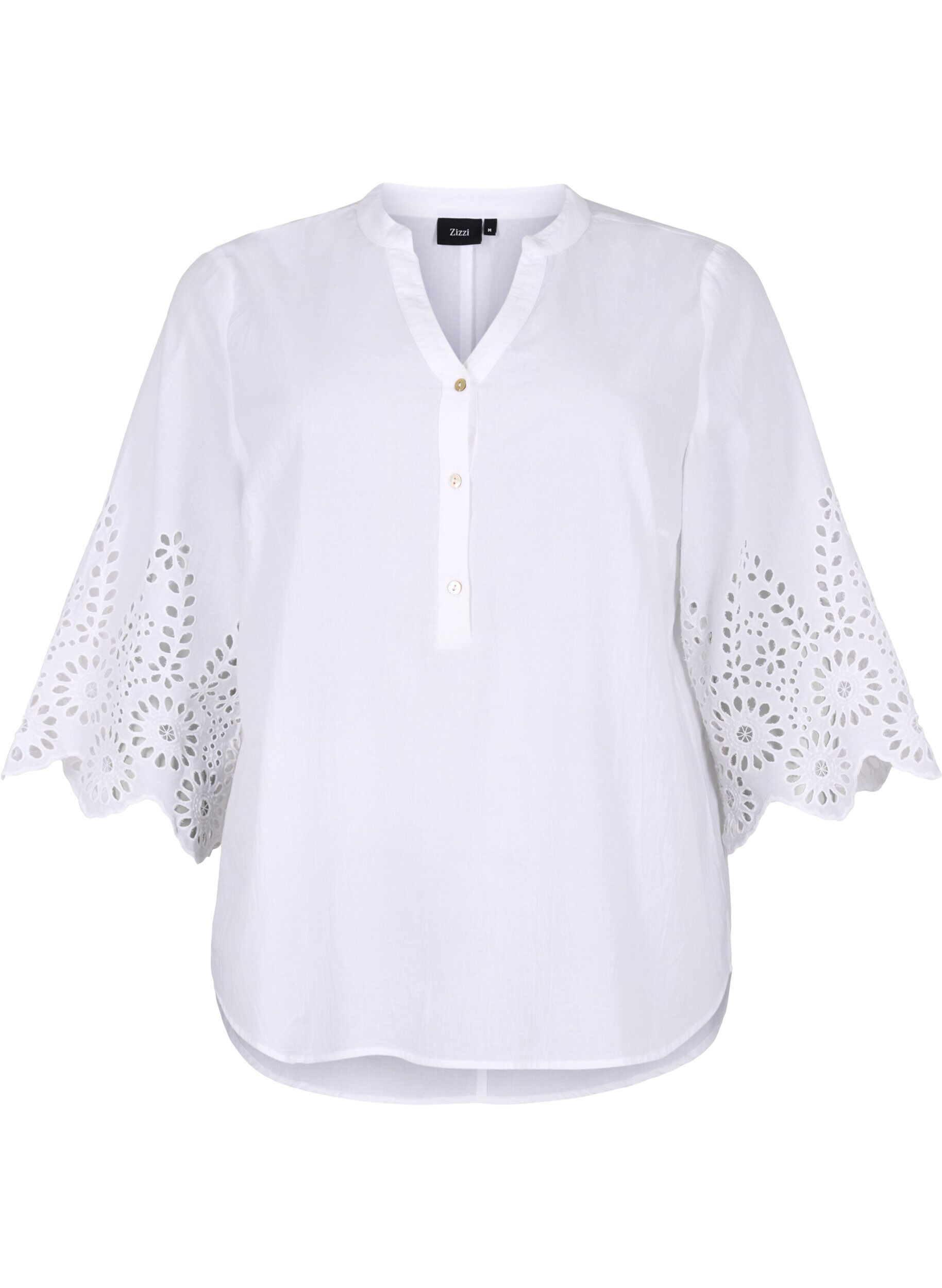Zizzifashion Shirt-blouse with broderie anglaise and 3/4 sleeves, Bright White, Packshot image number 0