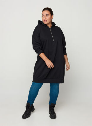 Sweater dress with a hood and zip, Black, Model image number 2