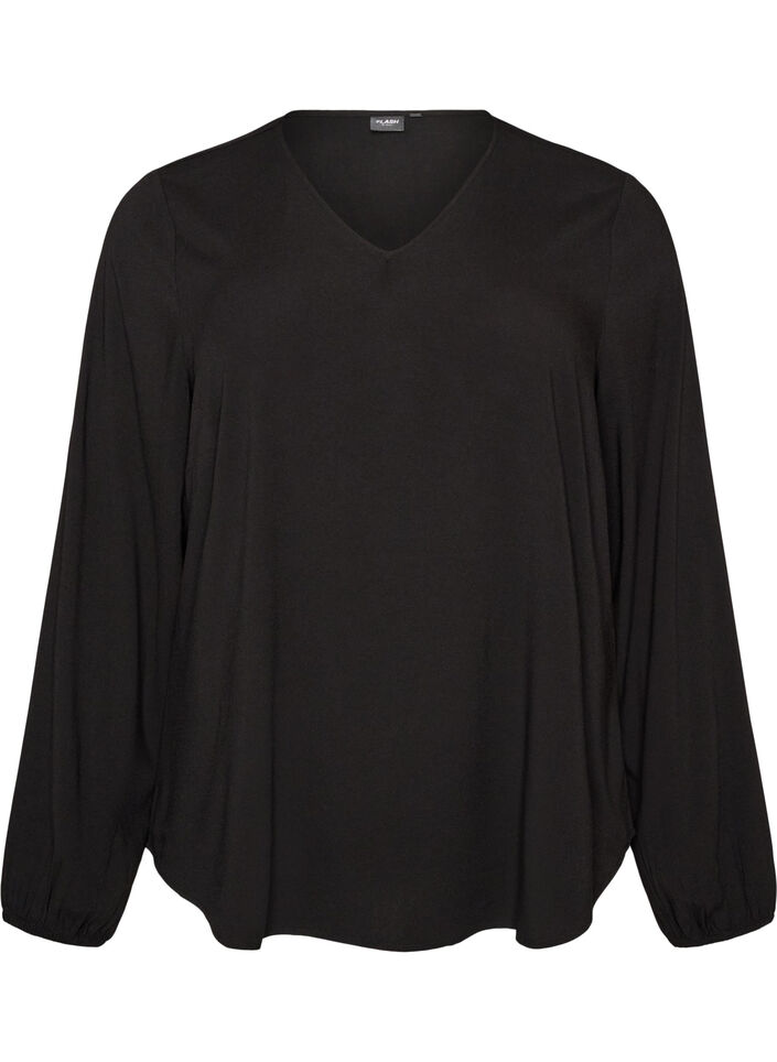 Viscose blouse with a V-neck and long sleeves, Black, Packshot image number 0