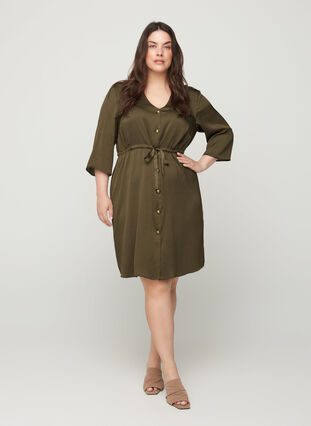 Dress with buttons and a waist tie, Ivy Green, Model image number 3
