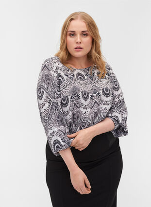 Printed viscose blouse with smocking, Black Wallpaper, Model image number 0
