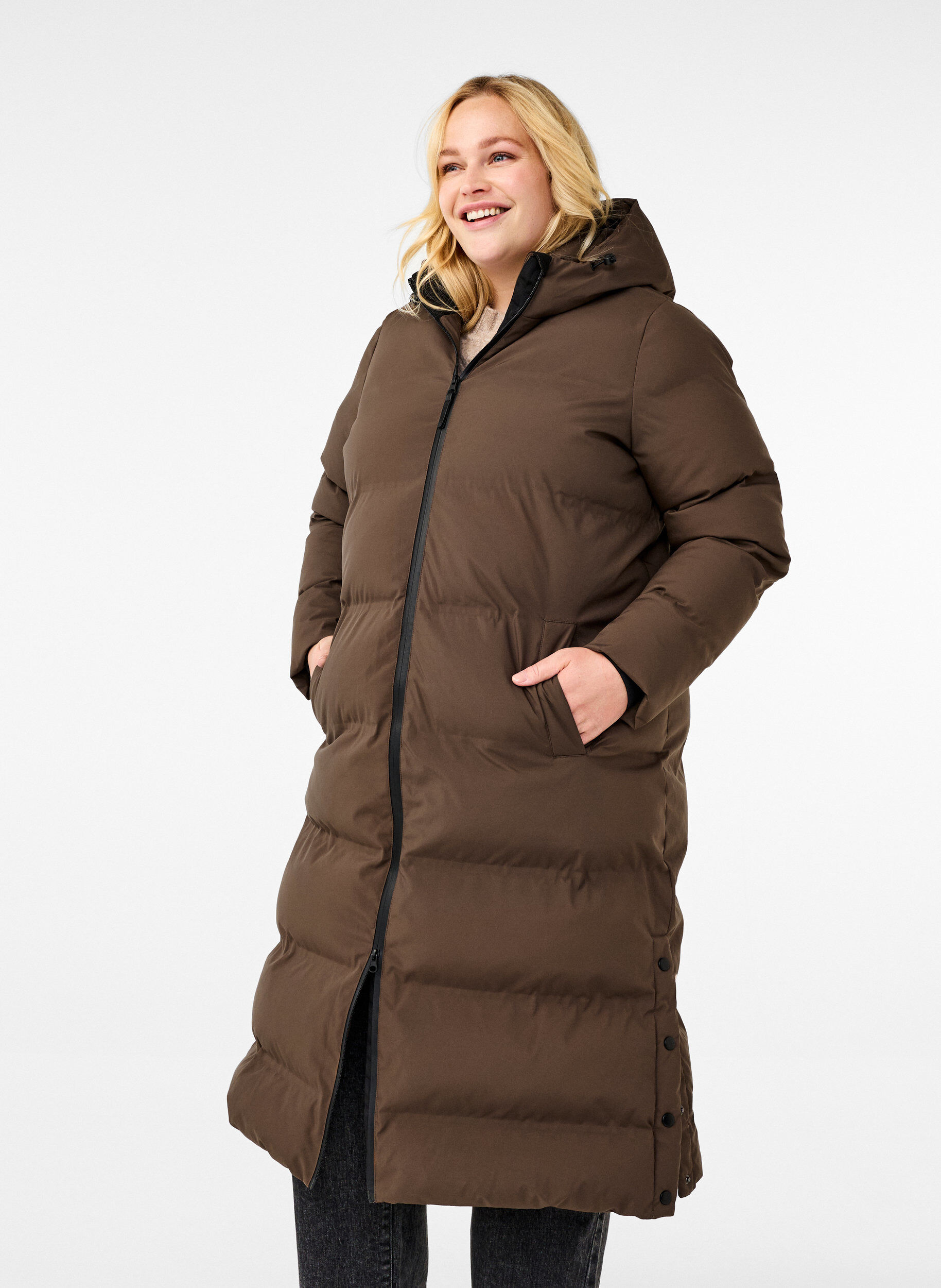Zizzifashion Long puffer winter coat with hood, Brown, Model image number 0