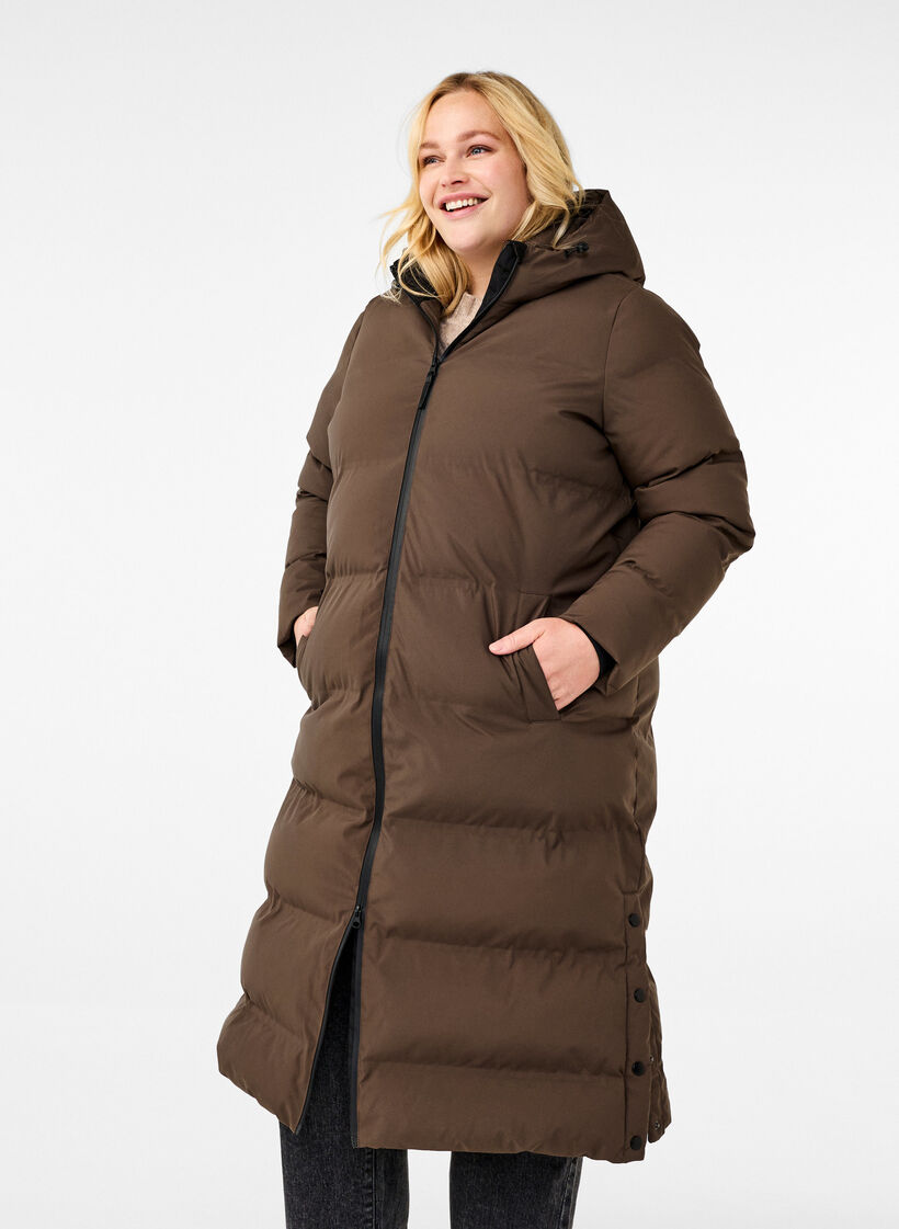 Long puffer winter coat with hood, Brown, Model image number 0