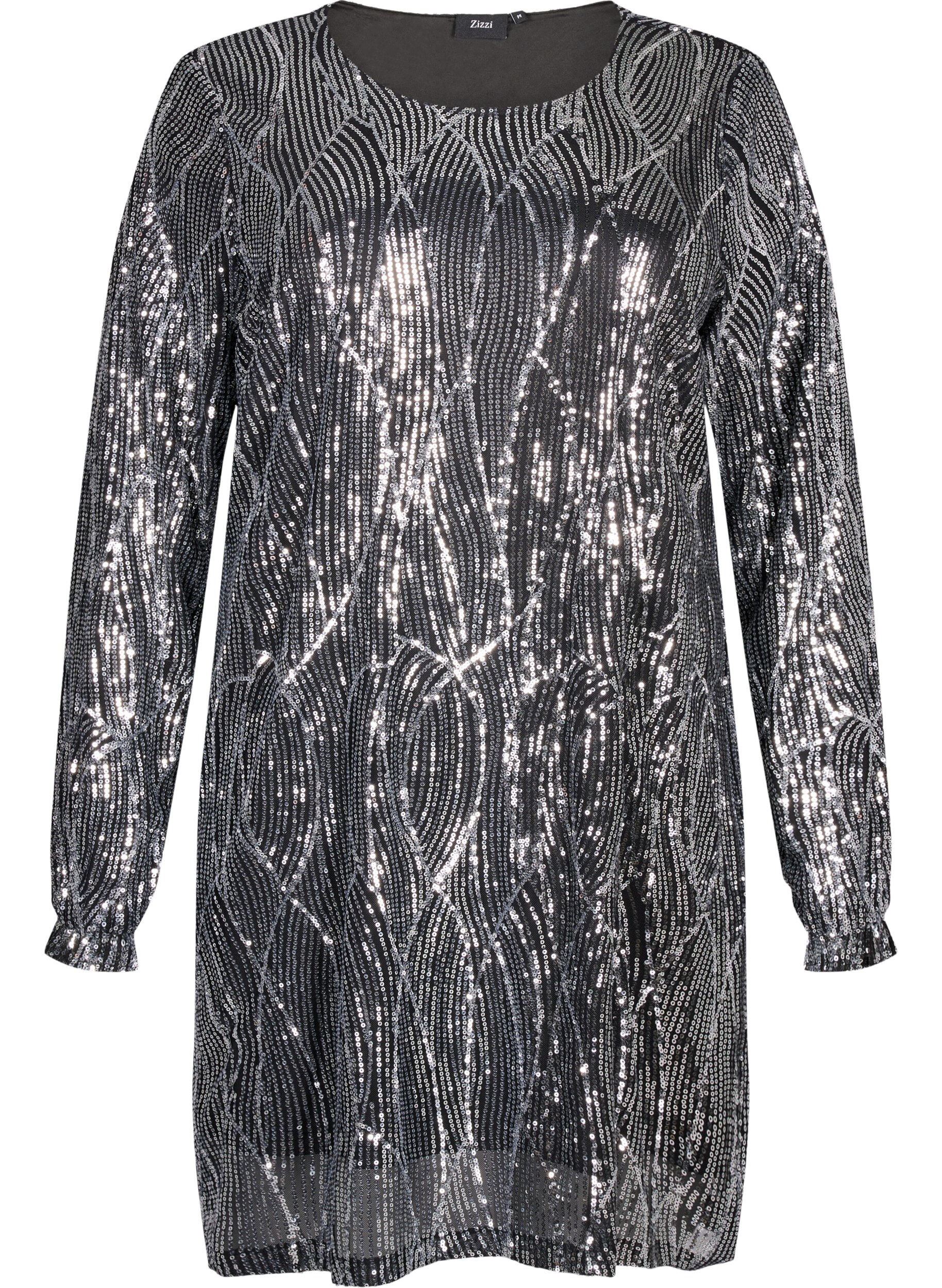 Zizzifashion Long-sleeved sequin dress with pattern, Silver Sequins, Packshot image number 0