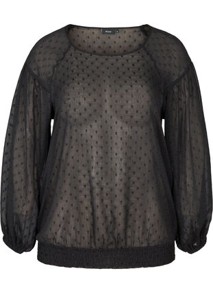 Long-sleeved mesh blouse with smocking, Black, Packshot image number 0