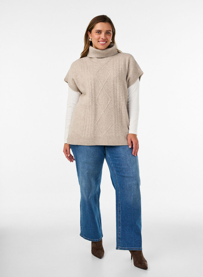 Knitted vest with turtleneck and cable knit, Beige, Model image number 1
