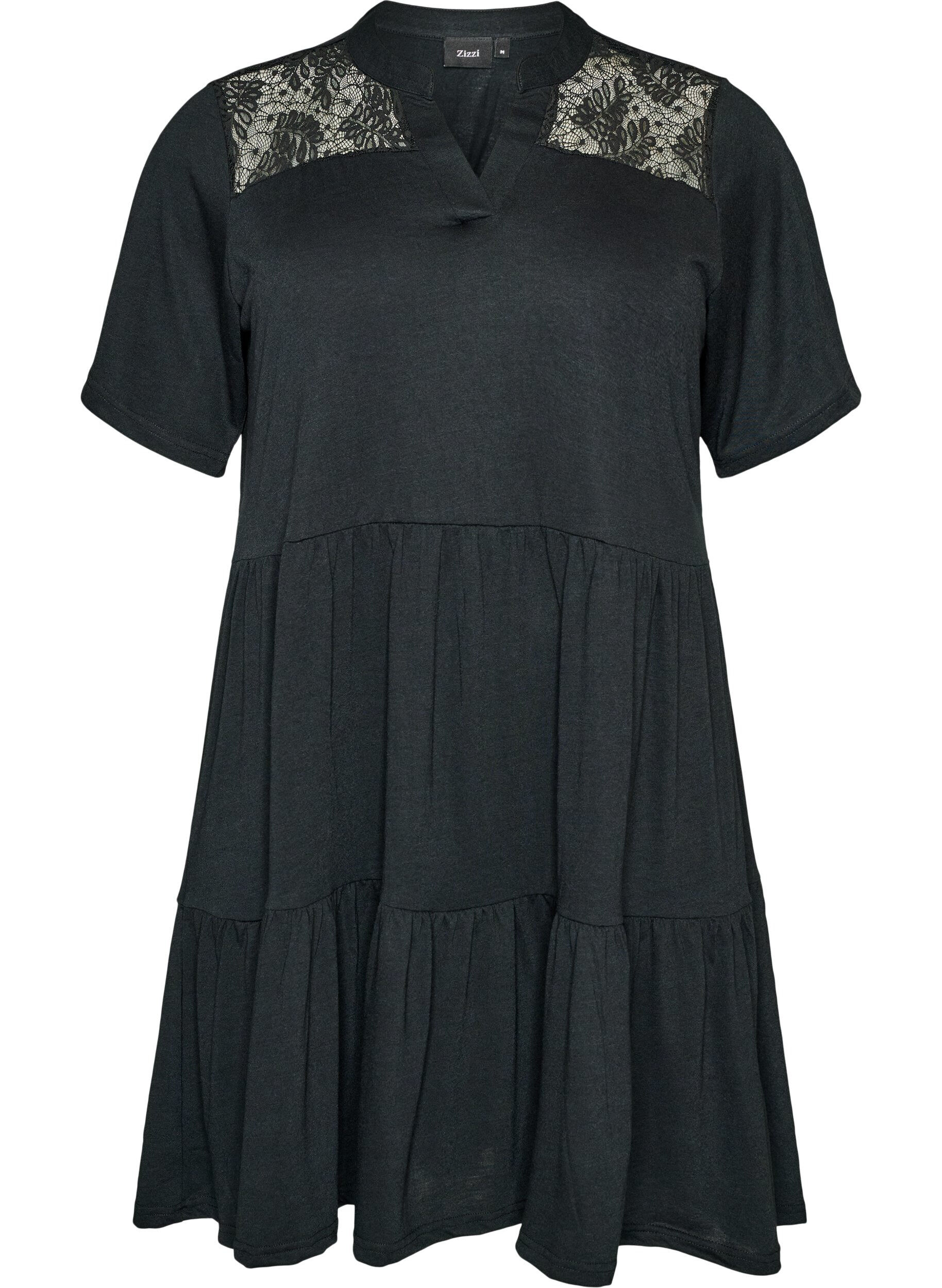 Zizzifashion Jersey dress with lace details and a layered skirt, Black, Packshot image number 0