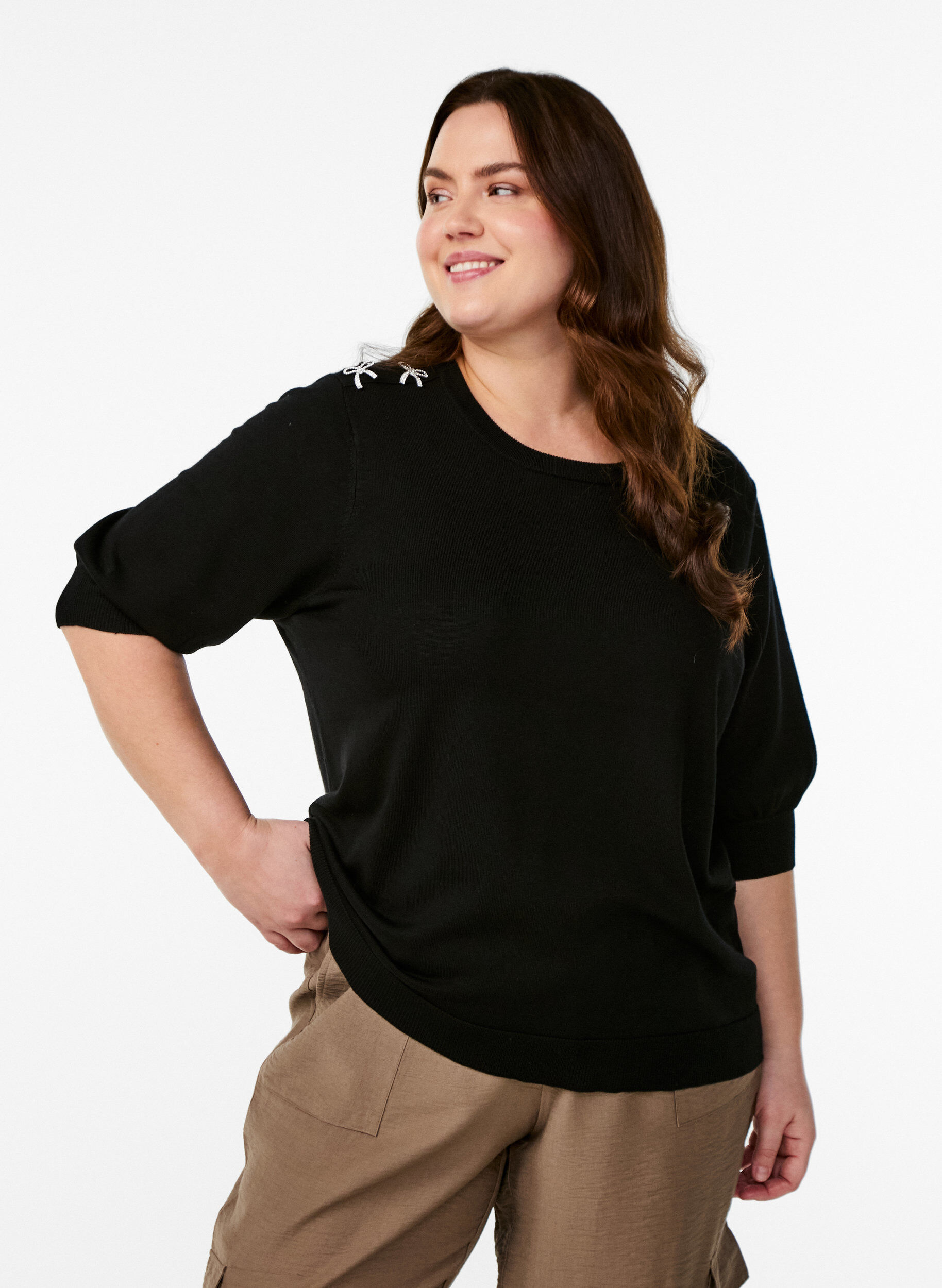 Zizzifashion Knitted blouse with short sleeves and small bows, Black, Model image number 0