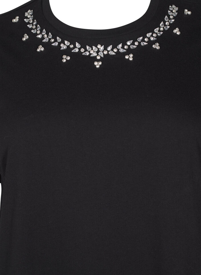 T-shirt with round neck and rhinestones, Black, Packshot image number 2