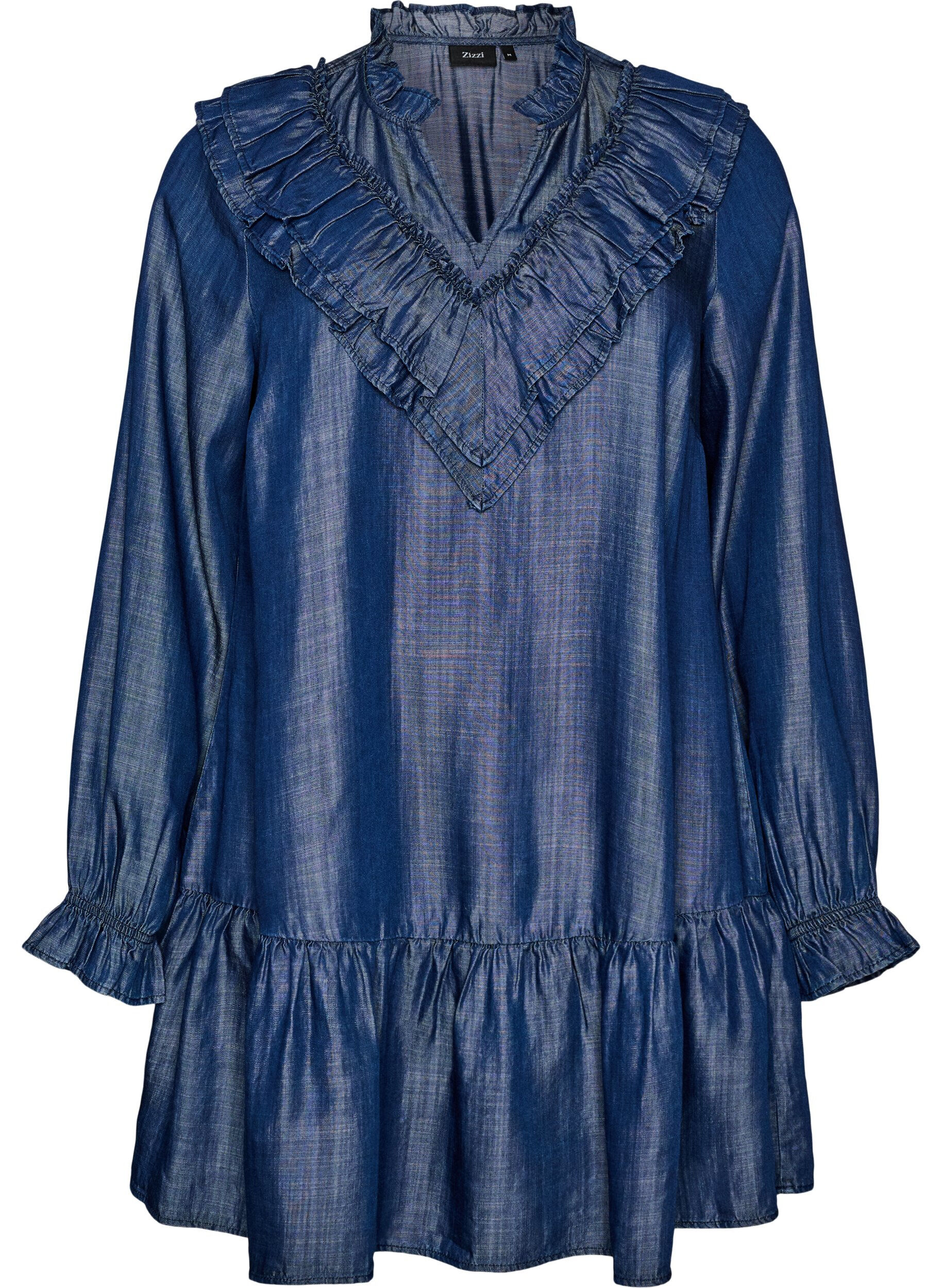 ZizzifashionShort denim-look dress with ruffles, Blue, Packshot image number 0