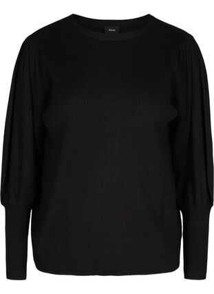 Knitted top with round neck and balloon sleeves , Black, Packshot image number 0