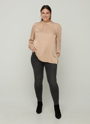 Blouse with long puff sleeves, Sand, Model image number 2