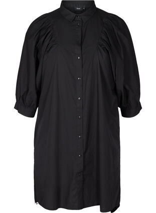 Cotton tunic with 3/4 length balloon sleeves, Black, Packshot image number 0