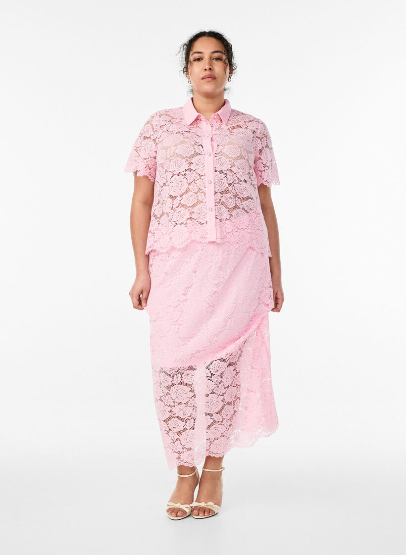 Lace shirt blouse with pearl buttons, Rose, Model