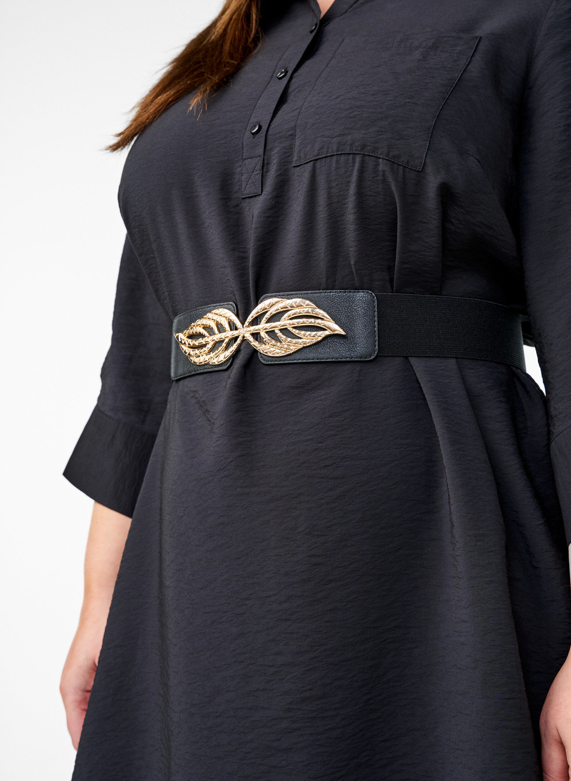 Zizzifashion Elastic waist belt with gold-coloured leaf buckle, Black, Image image number 0