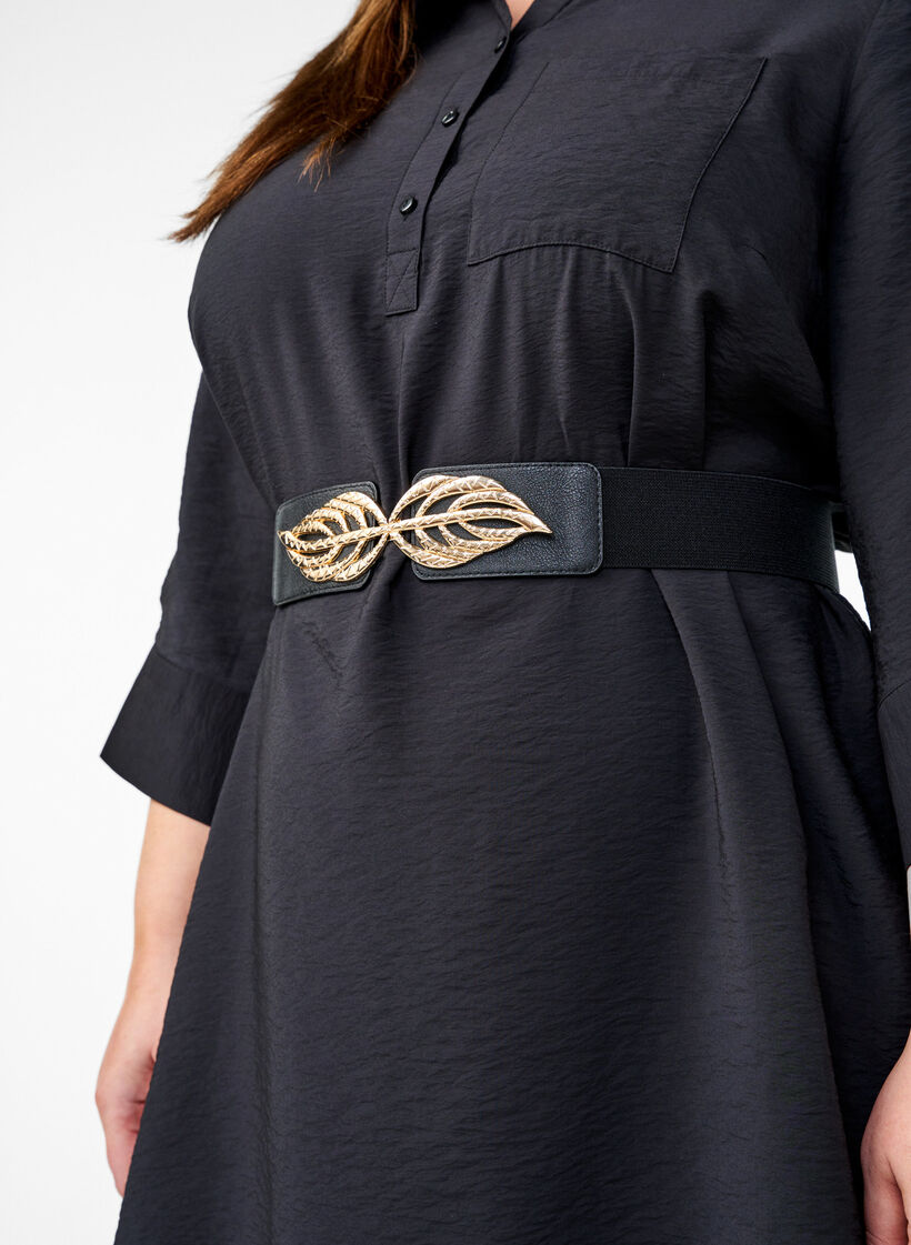 Elastic waist belt with gold-coloured leaf buckle, Black, Image image number 0