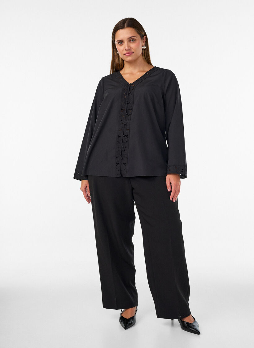 Shirt blouse with broderie anglaise, Black, Model image number 1