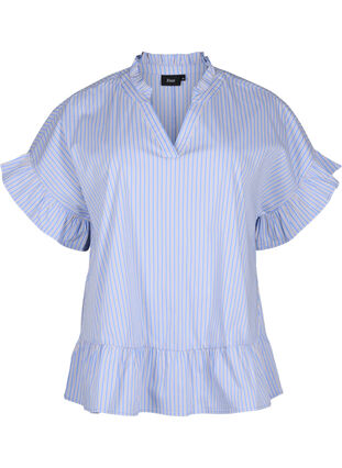 Striped blouse with peplum and ruffle details, Blue Stripe, Packshot image number 0