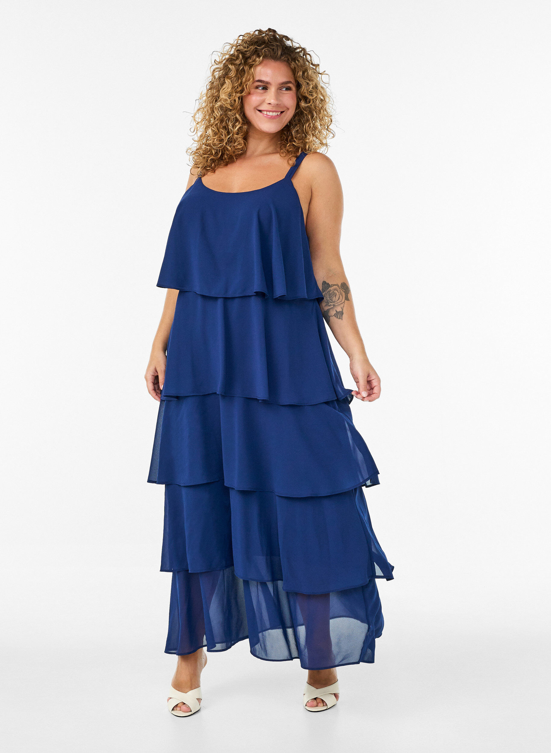 Zizzifashion Maxi dress with ruffle layers and detachable cape, Blue, Model image number 0