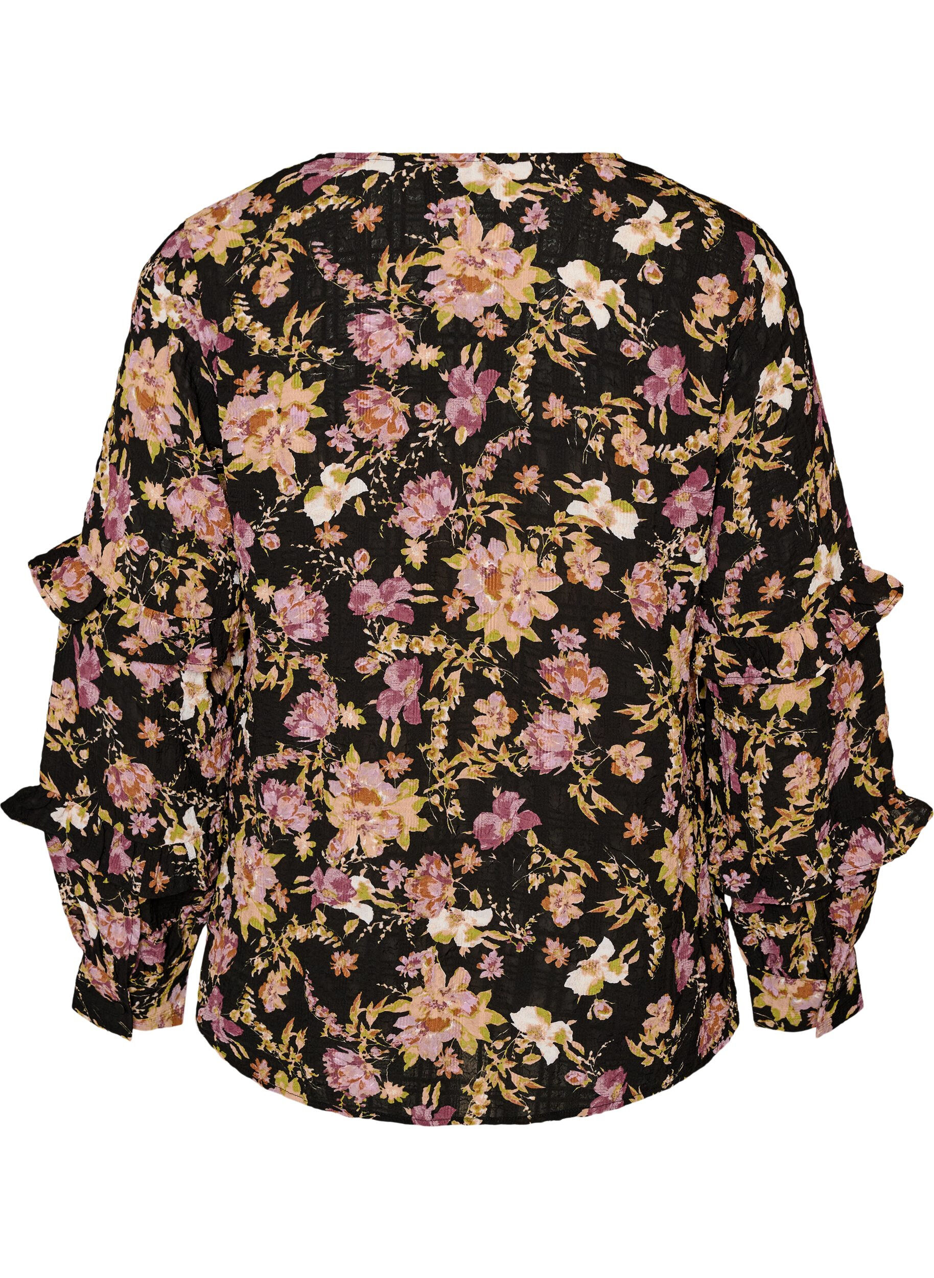 ZizzifashionBlouse with floral print and ruffle details, Black, Packshot image number 1