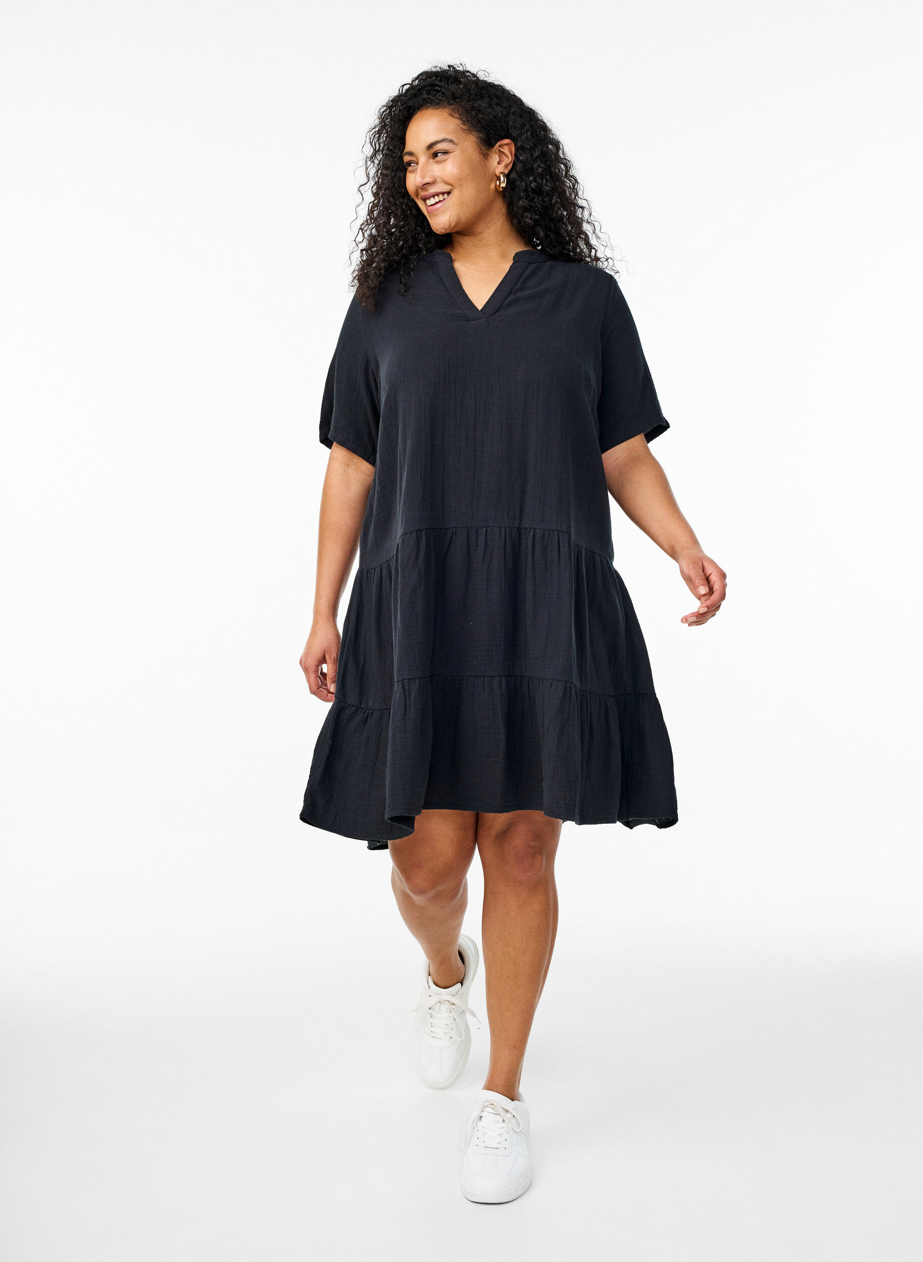 ZizzifashionShort A-line dress in cotton muslin, Black, Model image number 1