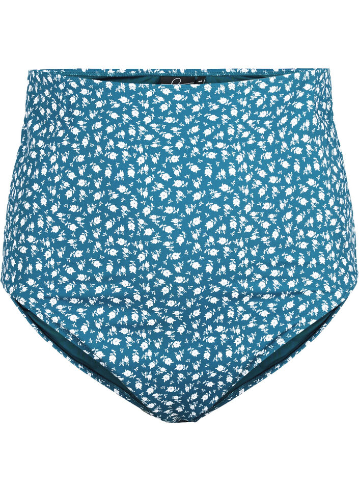 Extra high waist bikini bottom with floral print, Petrol, Packshot image number 0