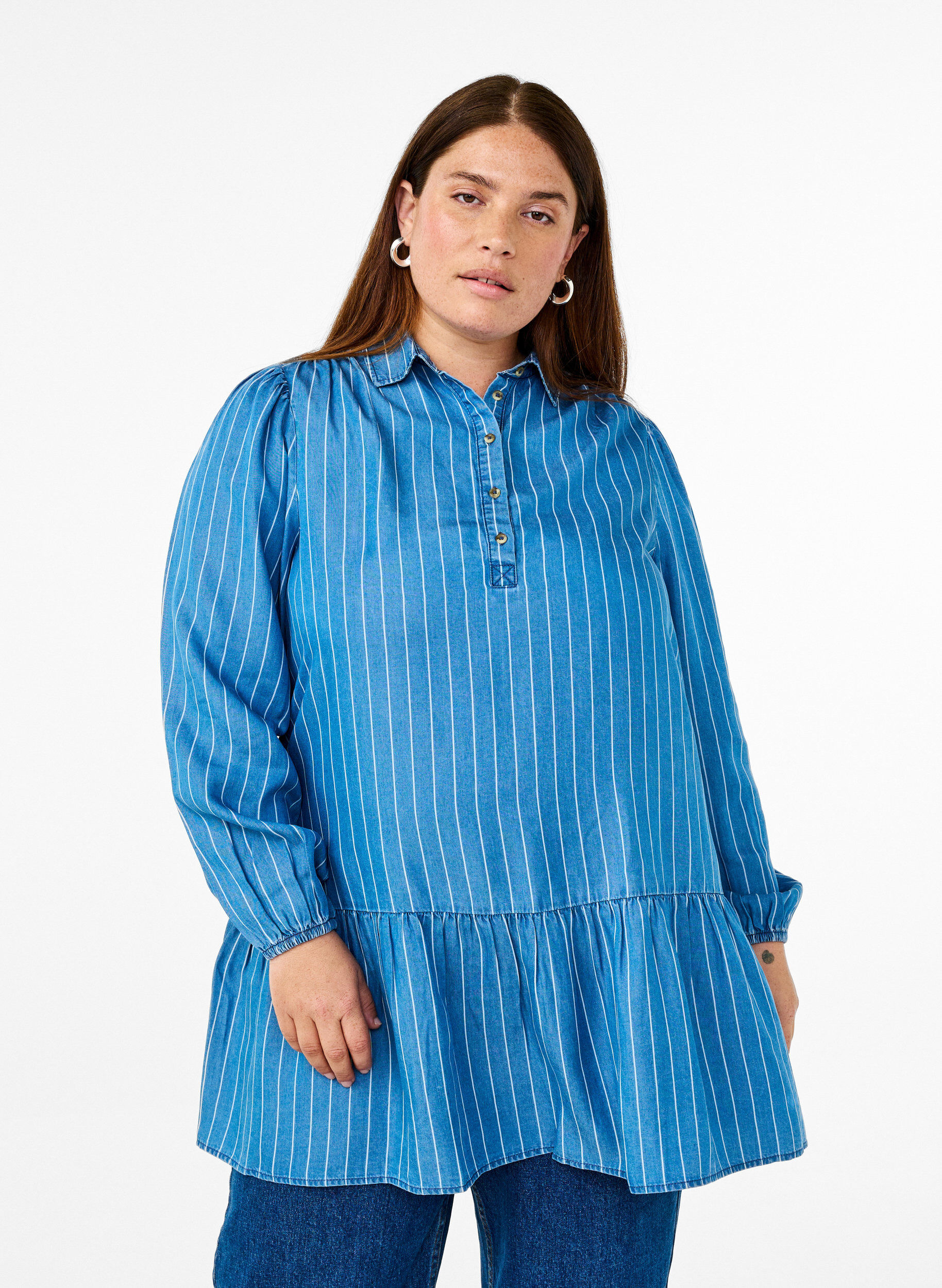 Zizzifashion Denim tunic with TENCEL&trade; and stripes, Blue, Model image number 0