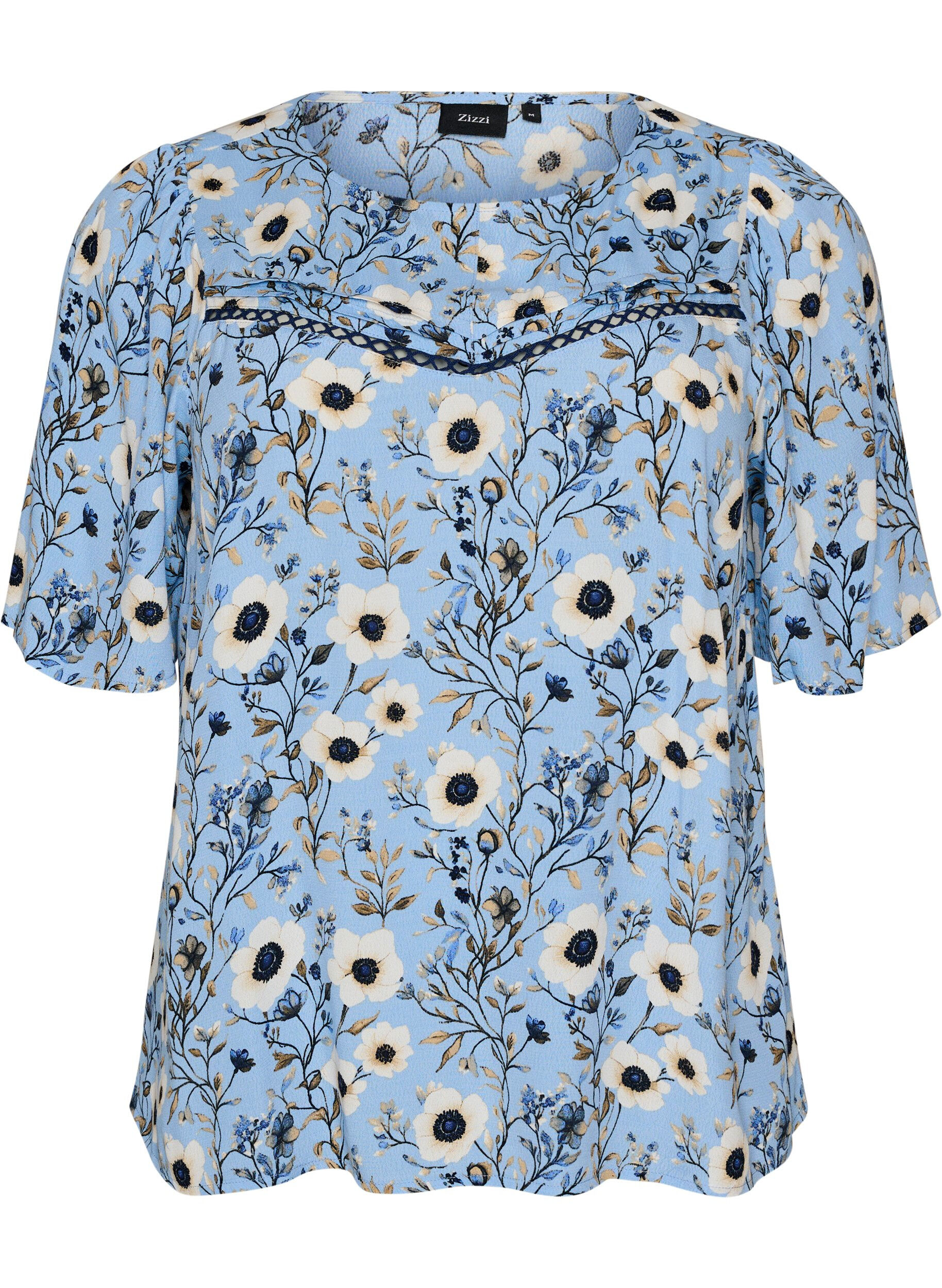 Zizzifashion Floral blouse with short sleeves, Blue, Packshot image number 0