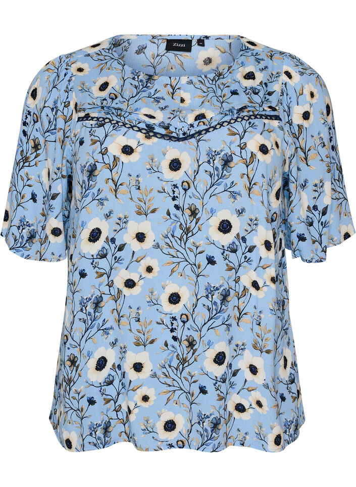 Floral blouse with short sleeves, Blue, Packshot image number 0