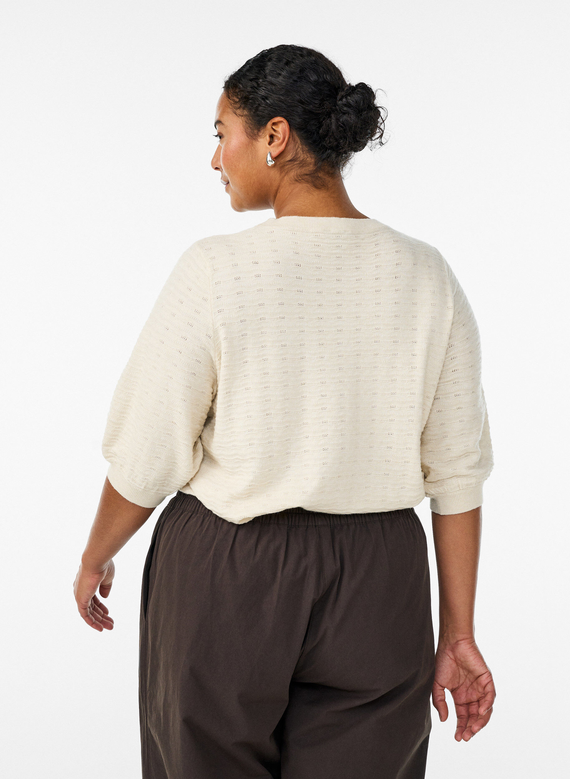 Zizzifashion Knitted blouse with textured pattern and short sleeves, Beige, Model image number 2