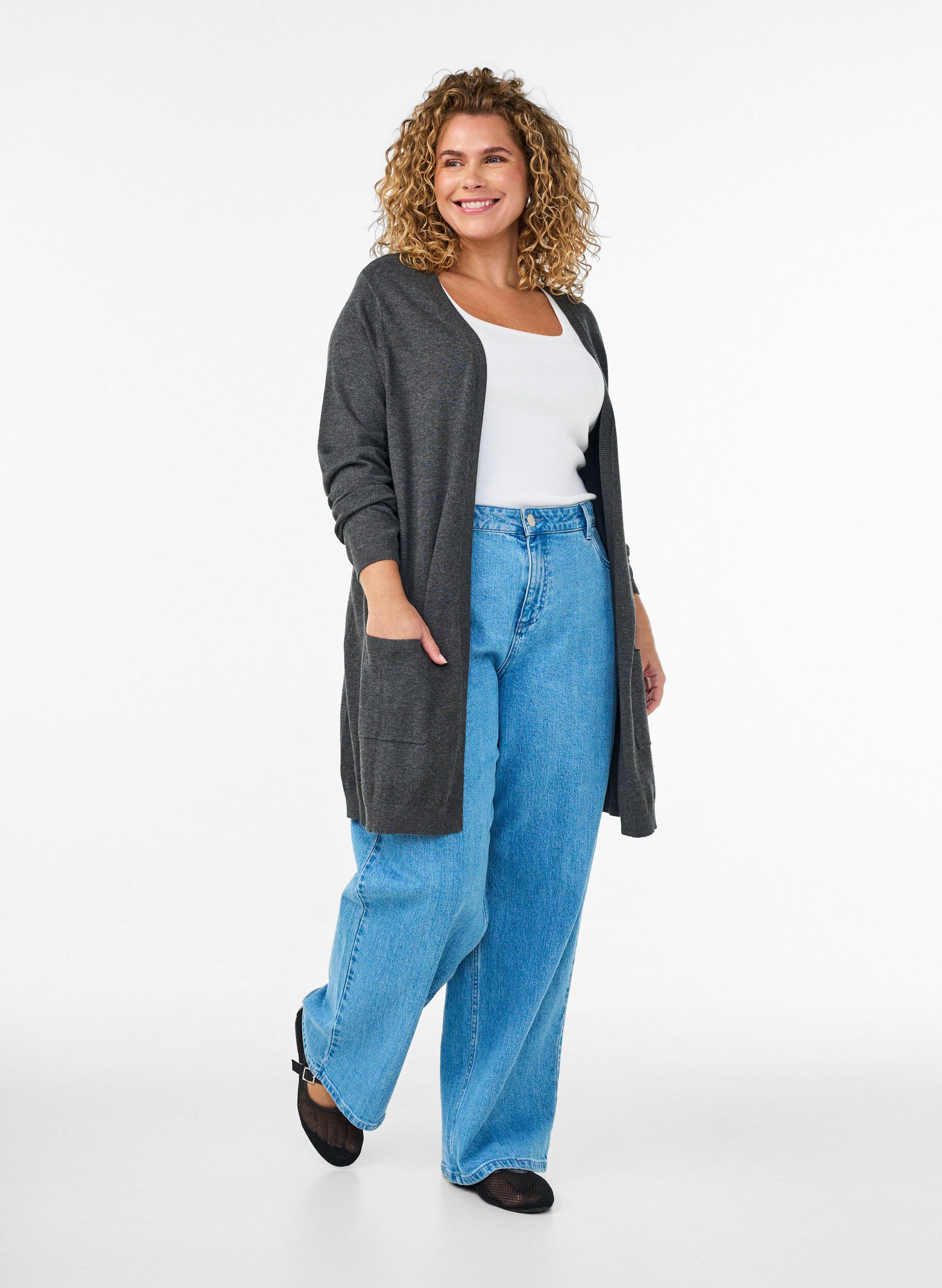 ZizzifashionLong knitted cardigan in a viscose blend, Dark Grey, Model image number 1