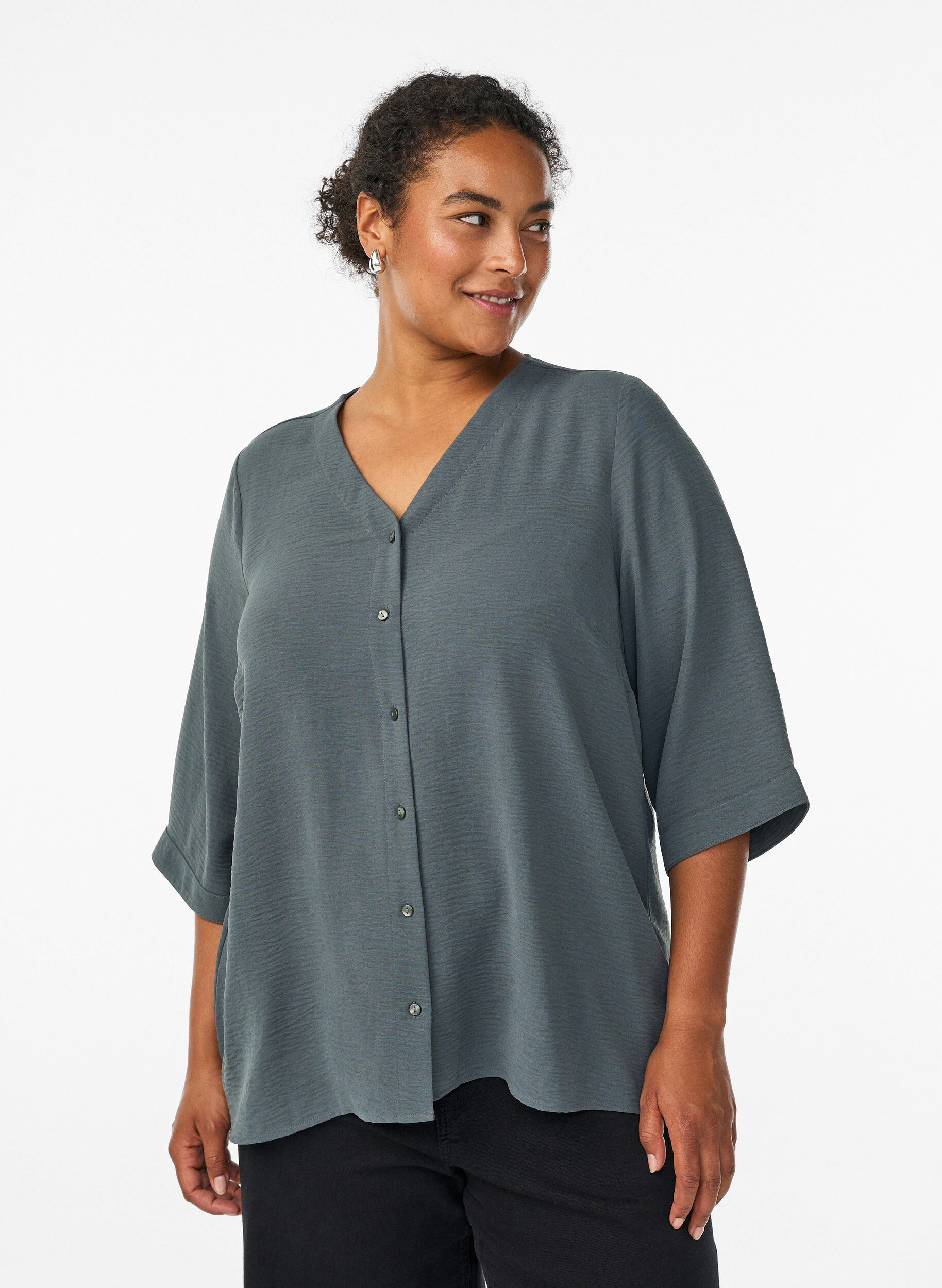 Shirt Blouse with V-Neck and 3/4 Sleeves, Green, Model