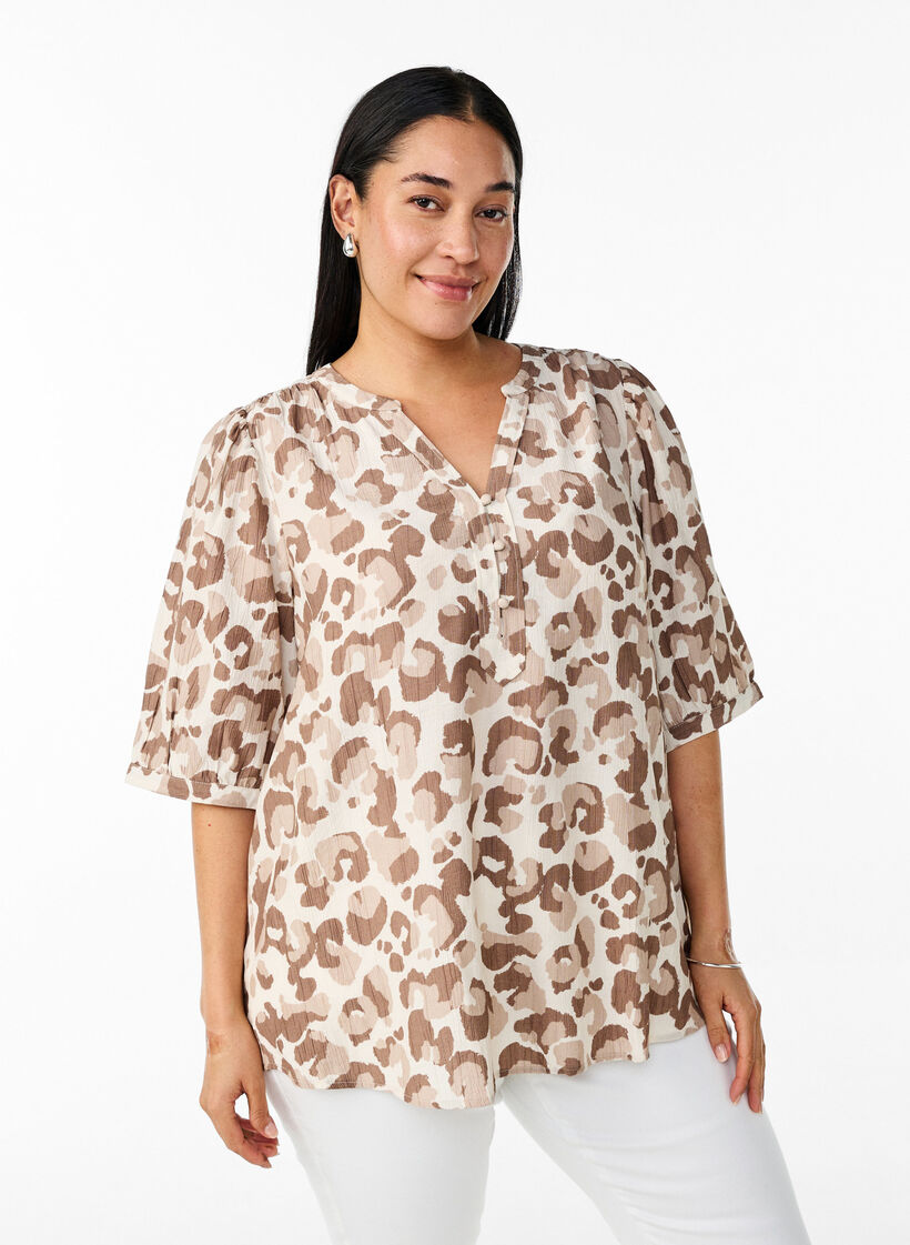 Leopard print blouse with 1/2 sleeves, White, Model image number 0