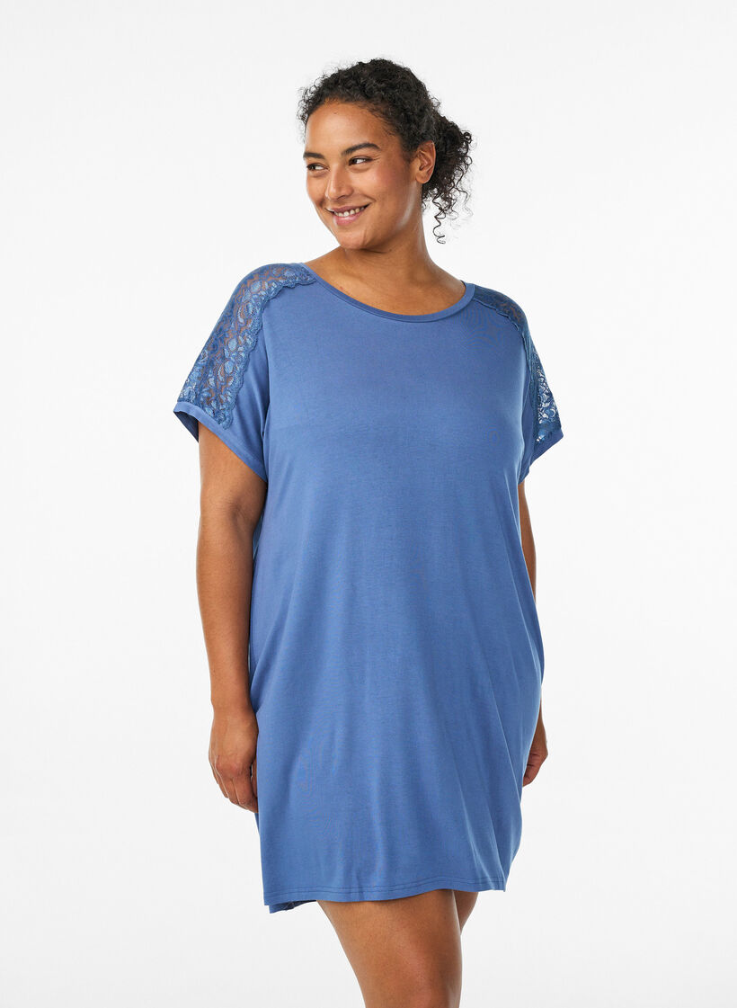 Viscose nightgown with lace details, Blue, Model image number 0