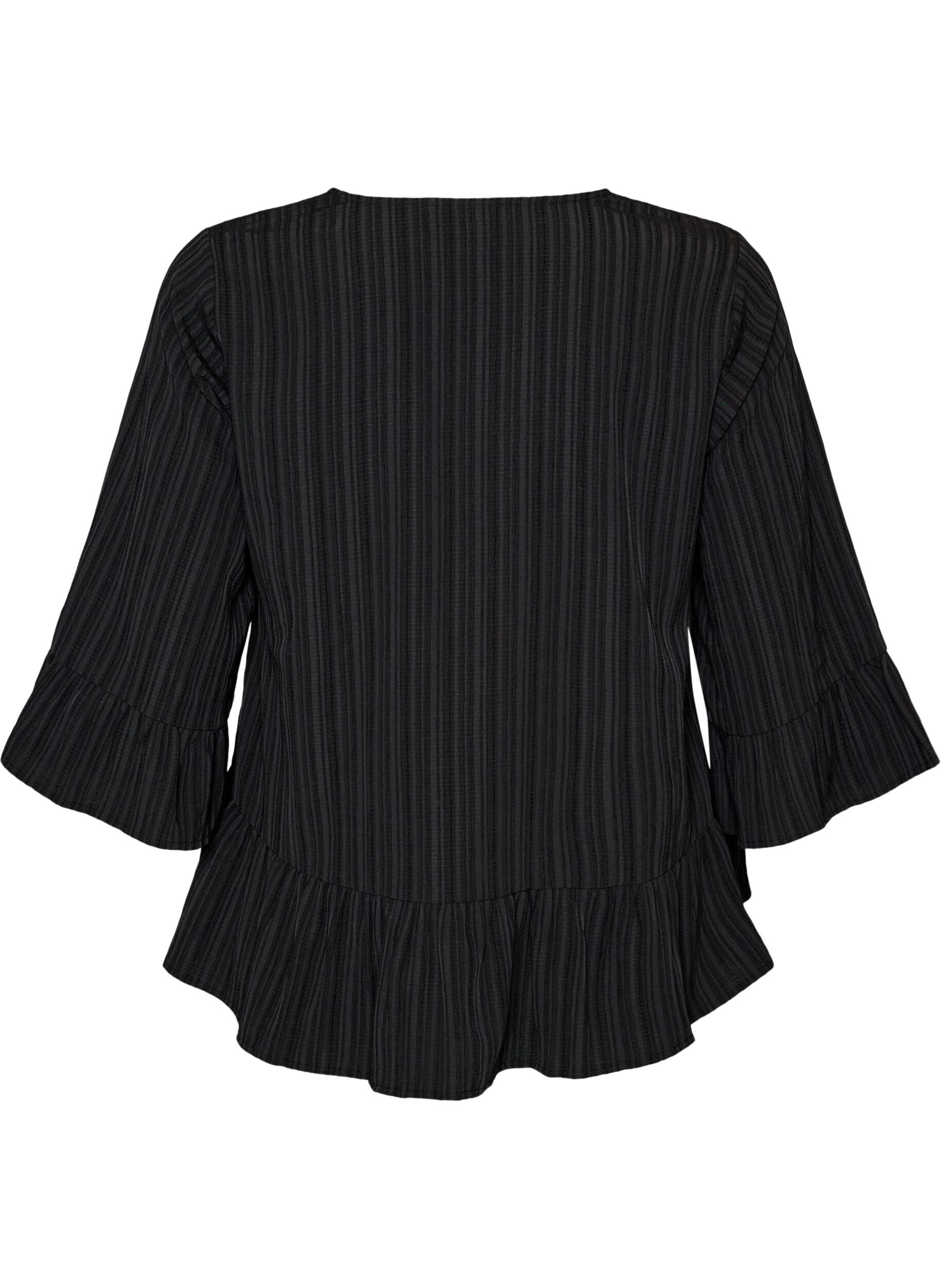 Zizzifashion Blouse with texture, V-neck and ruffles, Black, Packshot image number 1