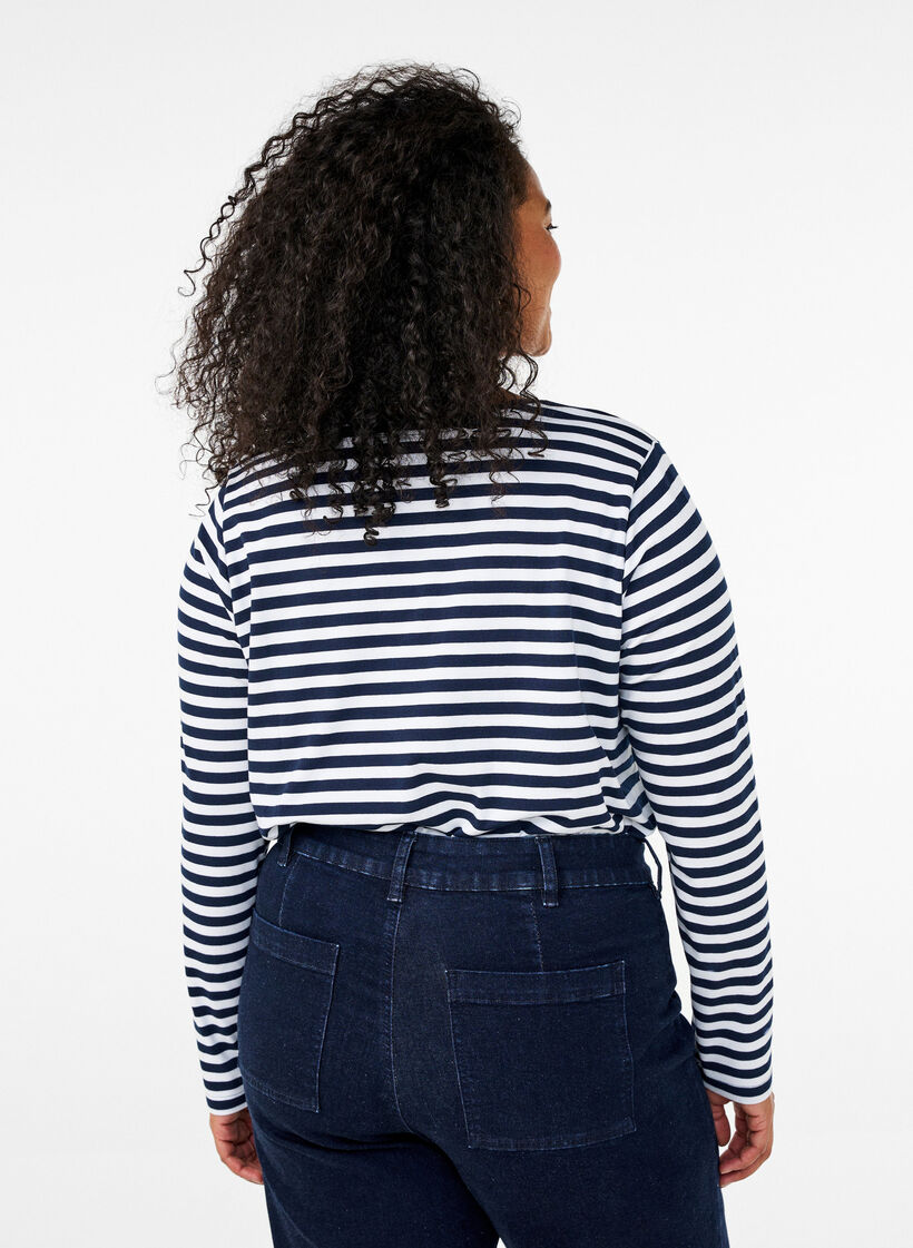 Striped blouse with motif, White w.Navy Stripe, Model image number 1