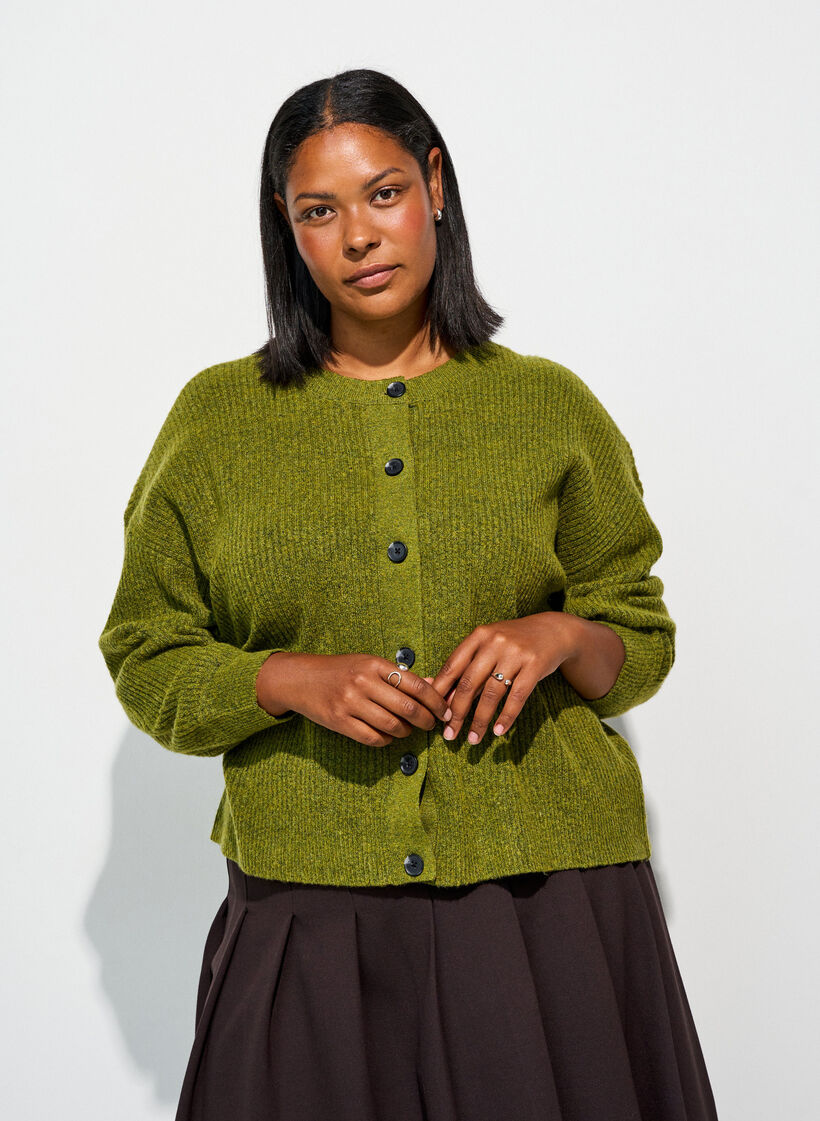 Rib knit cardigan with buttons, Green, Model image number 0