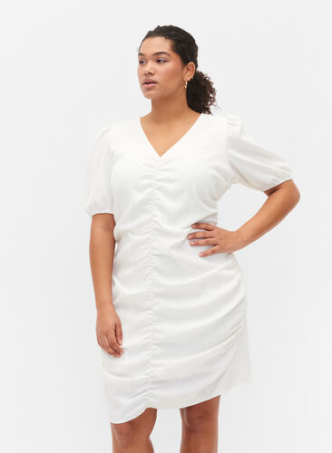 Short sleeve dress with draping, Bright White, Model image number 0