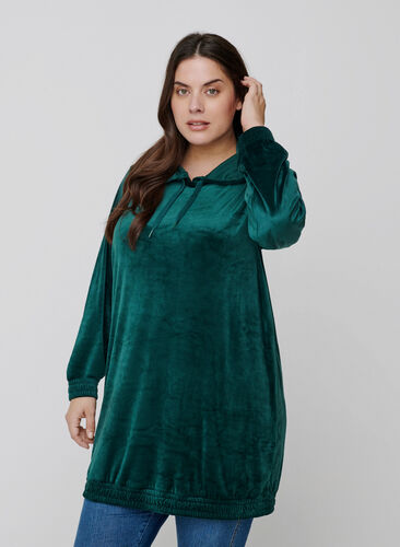 Hooded, velour sweatshirt dress , Ponderosa Pine, Model image number 0