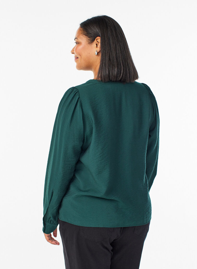 Blouse with V-neck and embroidered bands, Green, Model image number 2