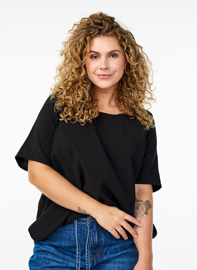 Short-sleeved blouse with elastic hem, Black, Model image number 0